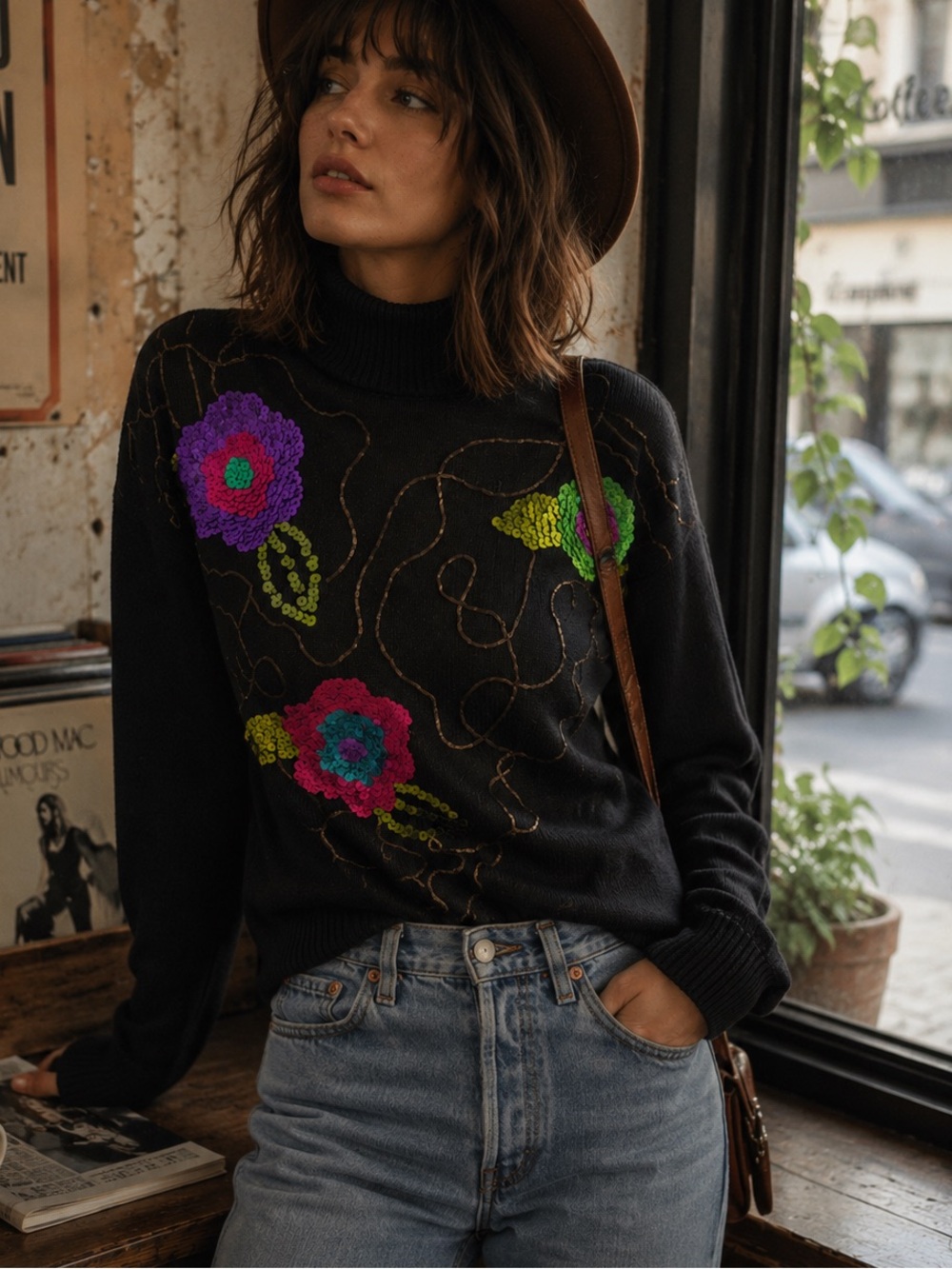 Vintage 90s rave Black Cowlneck Sweater with Bright Sequin Floral Appliqués